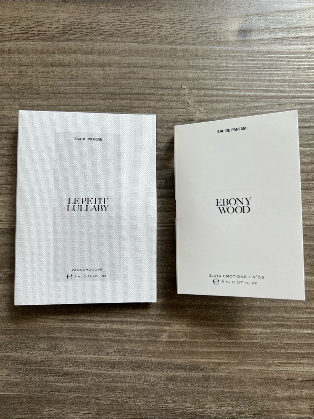 ZARA • Emotions Le Petit Lullaby & Ebony Wood Fragrance Sample Cards